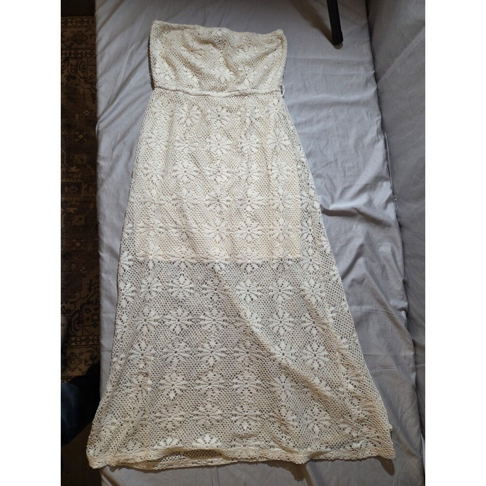 Boutique SZ L Women’s Ivory Lace Boho Straight Across Belted Long Dress
